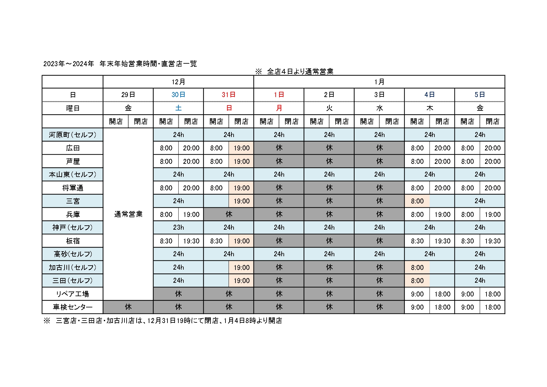 サービスステーション年末年始 営業時間のお知らせ（2023年12月29日～1月5日）