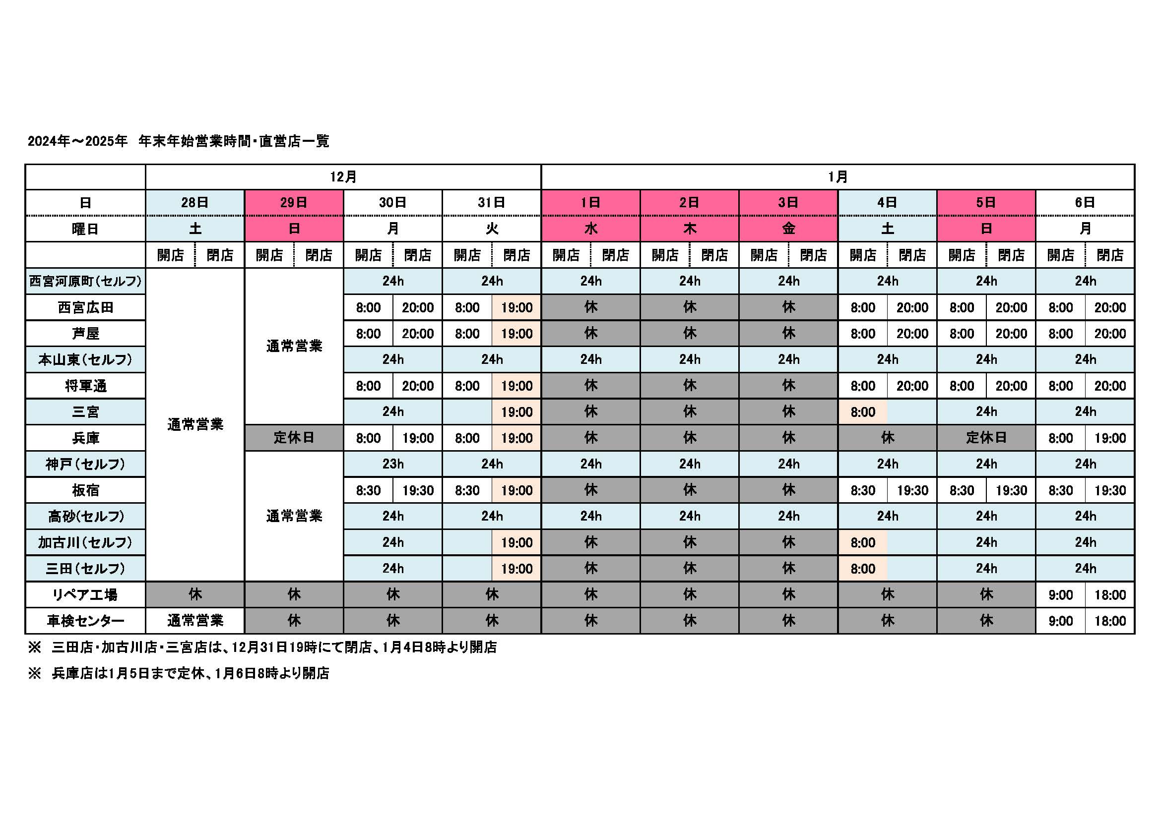 サービスステーション年末年始 営業時間のお知らせ(2024年12月28日~1月6日)