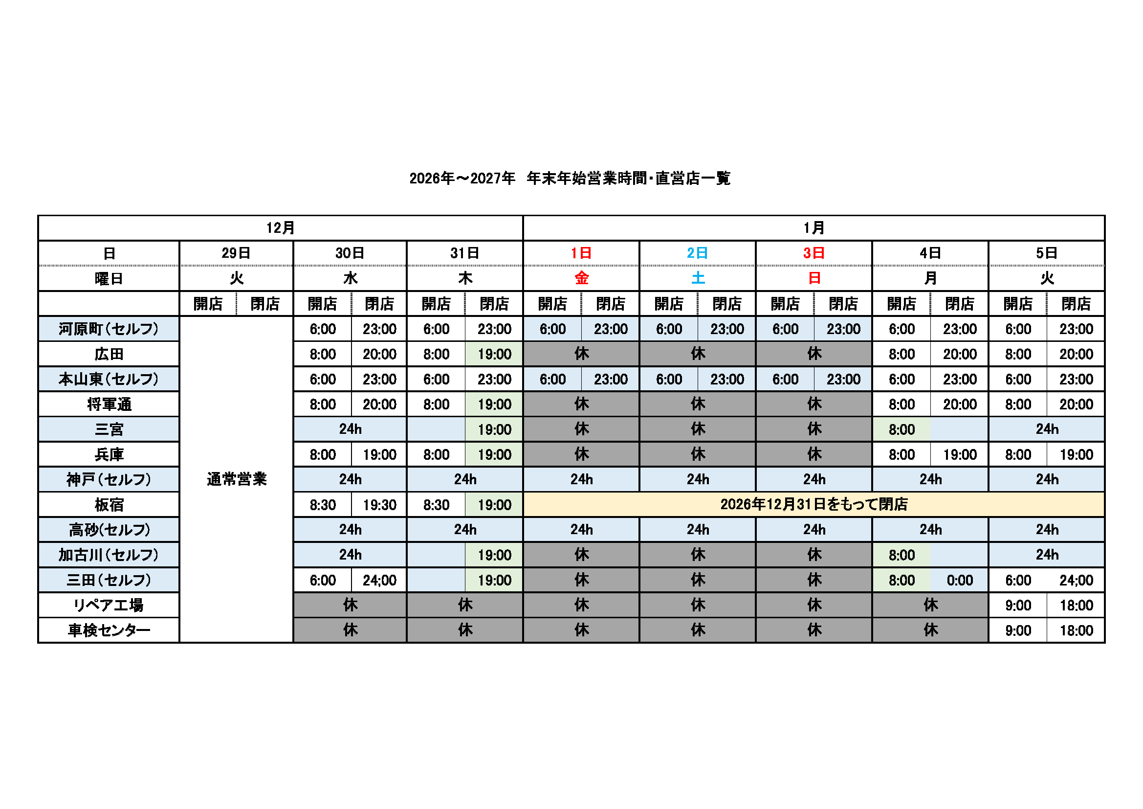 サービスステーション年末年始営業時間のお知らせ（2026年12月29日～1月5日）